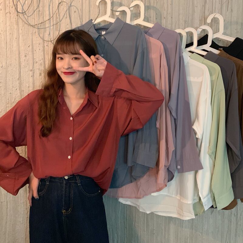 オータムスタンダードカラールーズシャツ レディース ロング レトロ 秋物 YY-ファッション40434600102