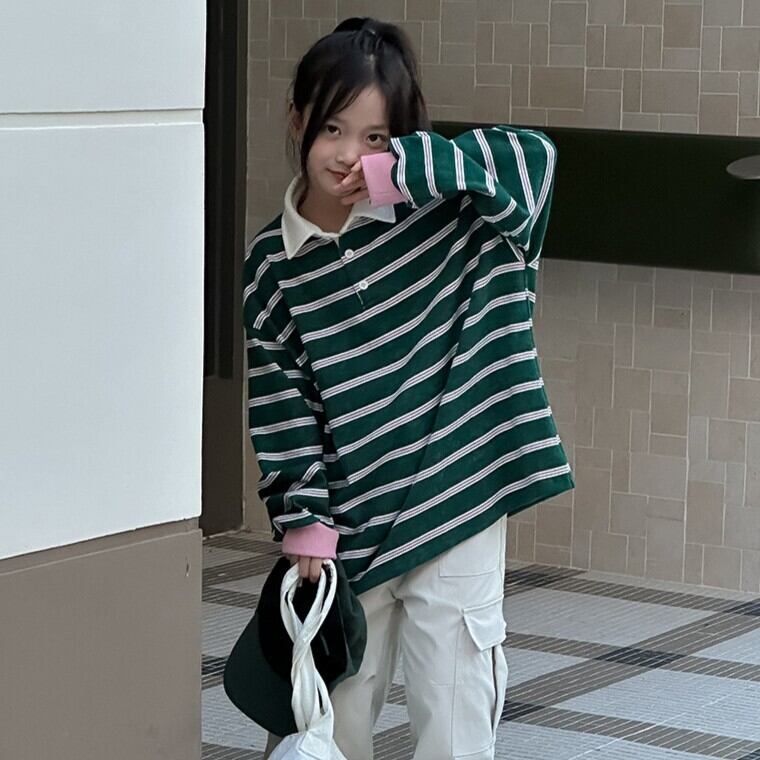 【キッズ 100-160cm】ボーダーラガーシャツ