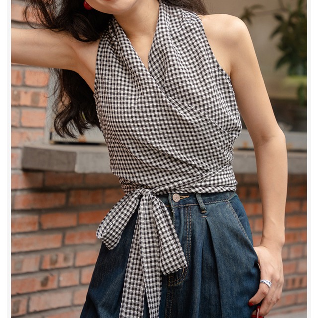 ギンガムチェック×リボン Vネックトップス 00387