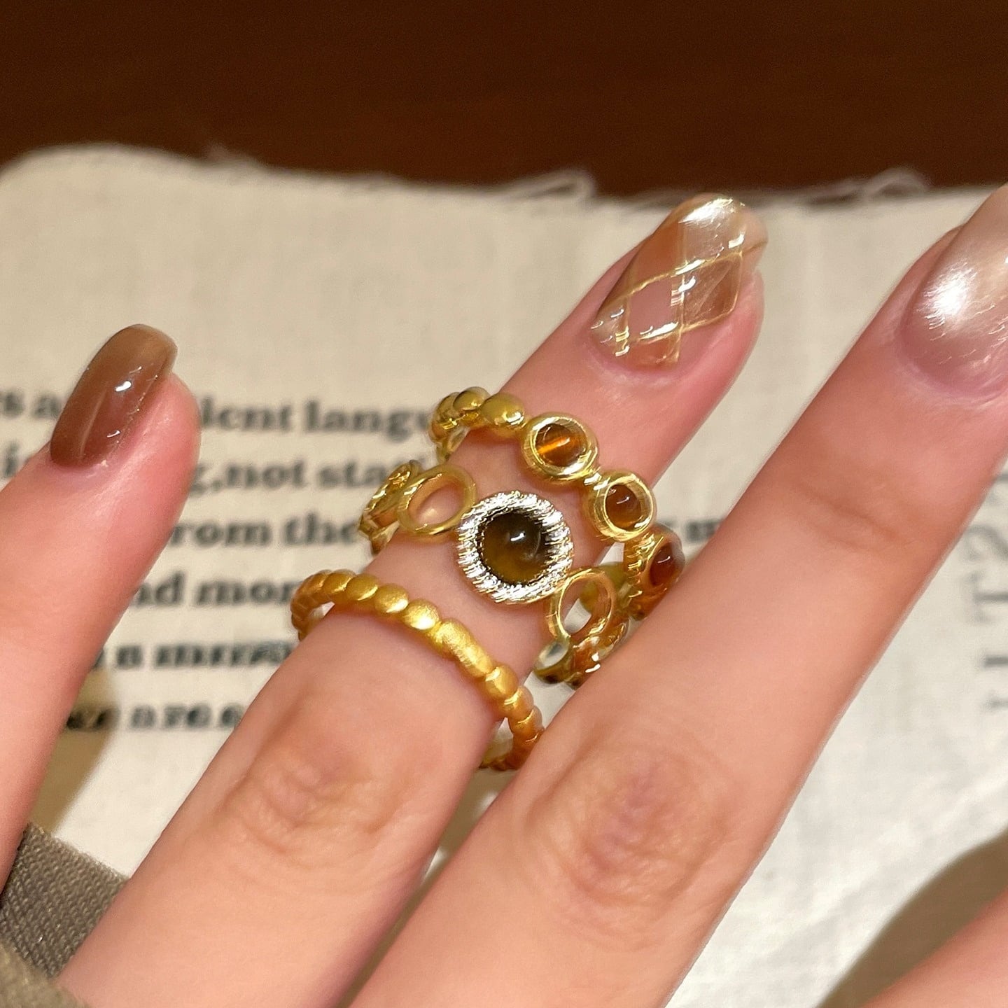 zhajianレトロ秋の虎目石リング 3点セット