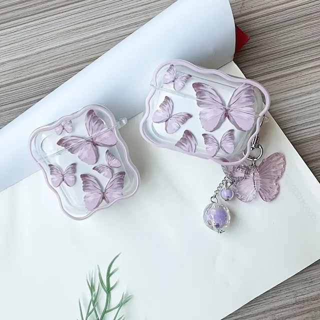 【Airpodsケース】美しいパープルパールバタフライ◎透明 エアポッズカバー ワイヤレスイヤホン クリアケース  蝶々 AirPodsケース ND-15726