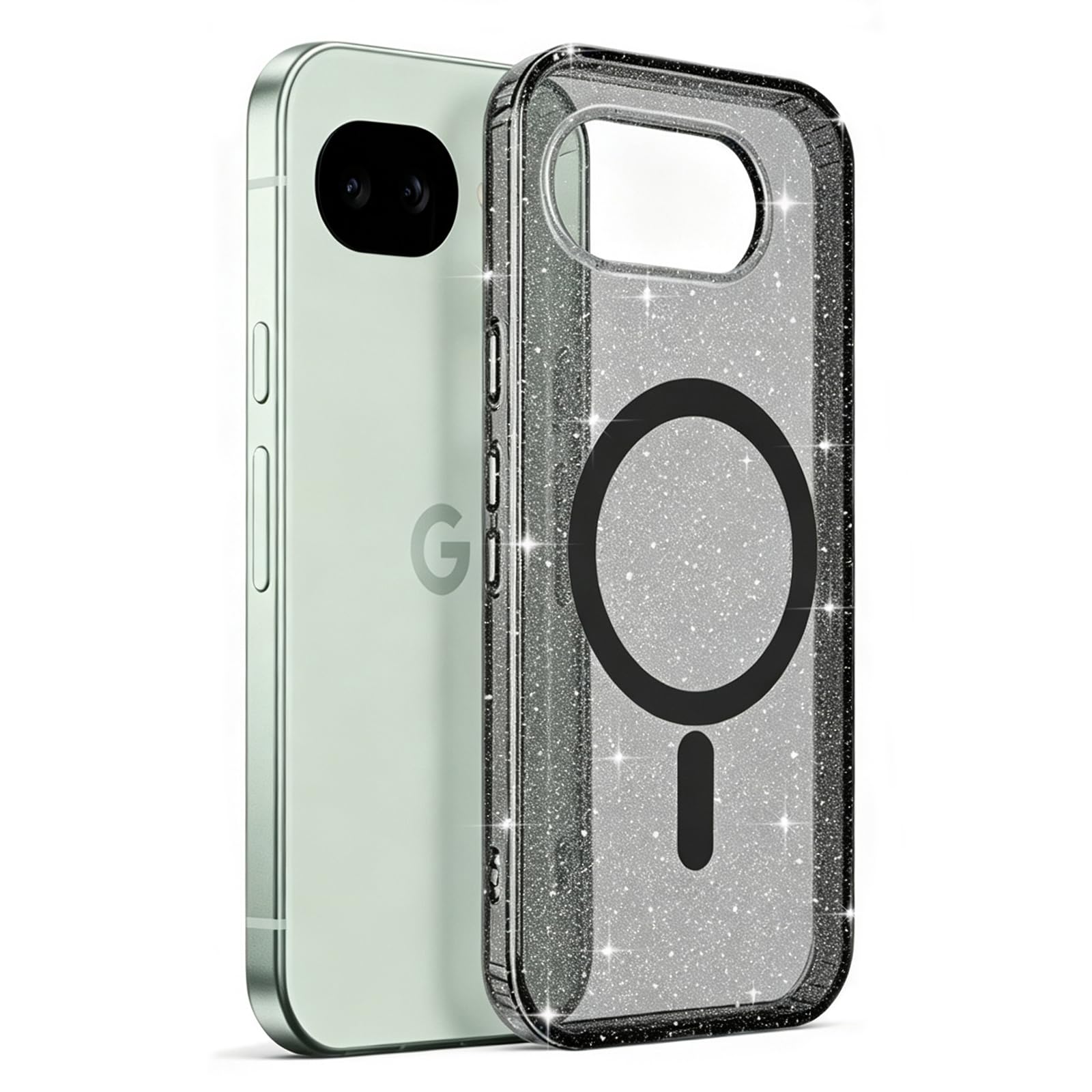 LCHULLE Google Pixel 10a 用 ケース 透明 MagSafe対応 キラキラ スマホケース 黄変防止 指紋防止 耐衝撃(ブラック)