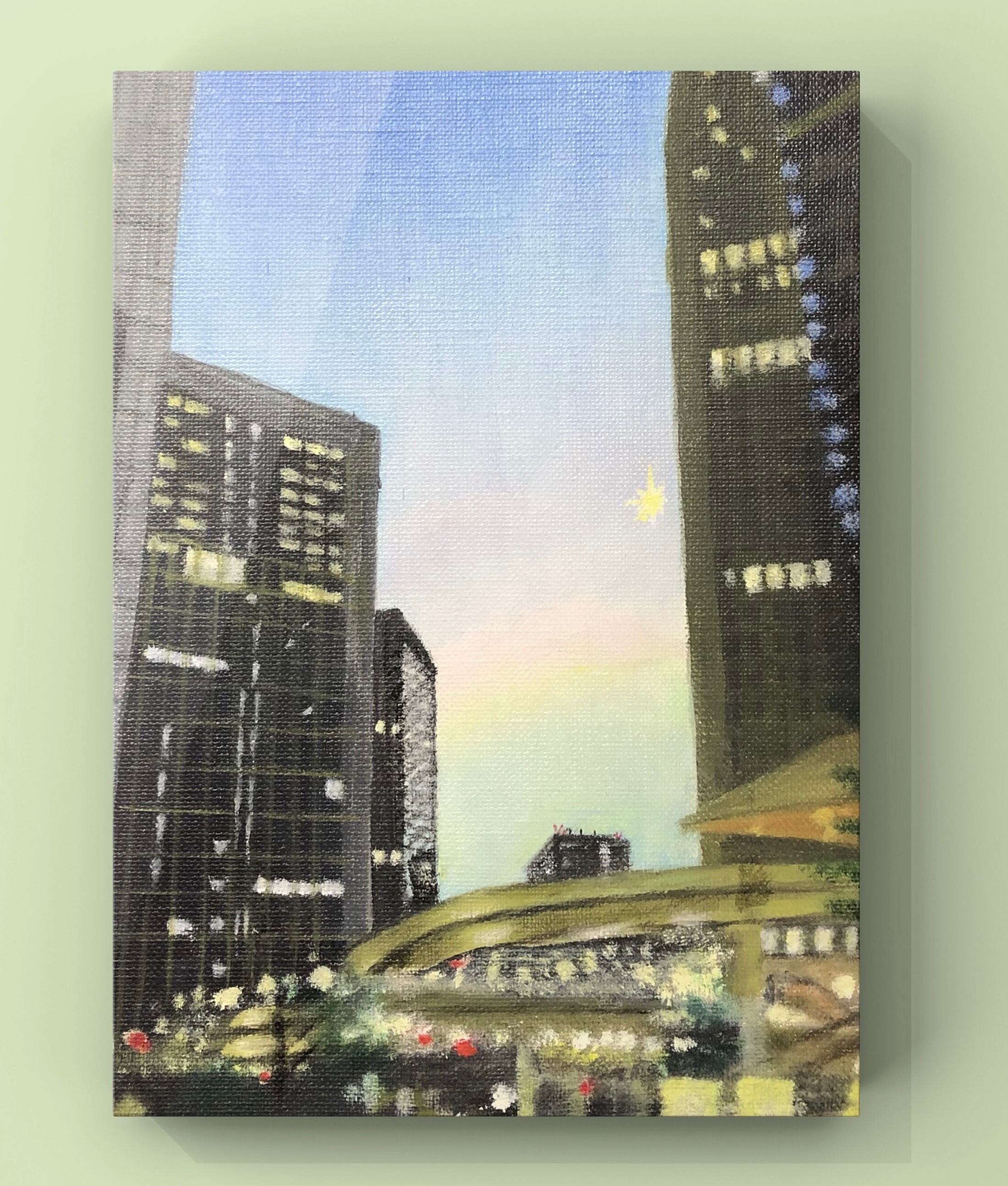 ビル街の夕空 | 和み系 油彩画 peridot59