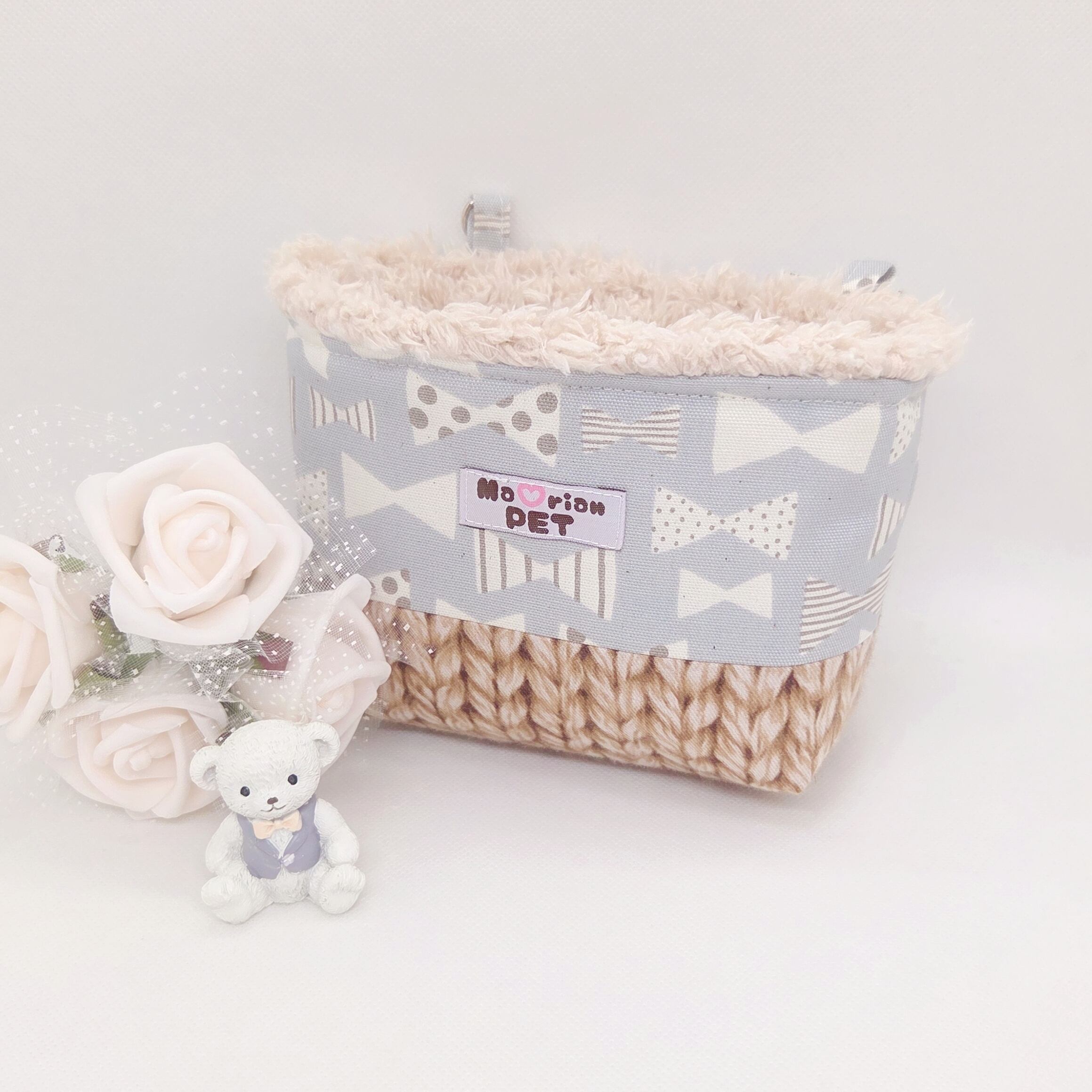 モモンガポーチ/スクエアポーチM♡リボンいっぱい×ニット プードルファー