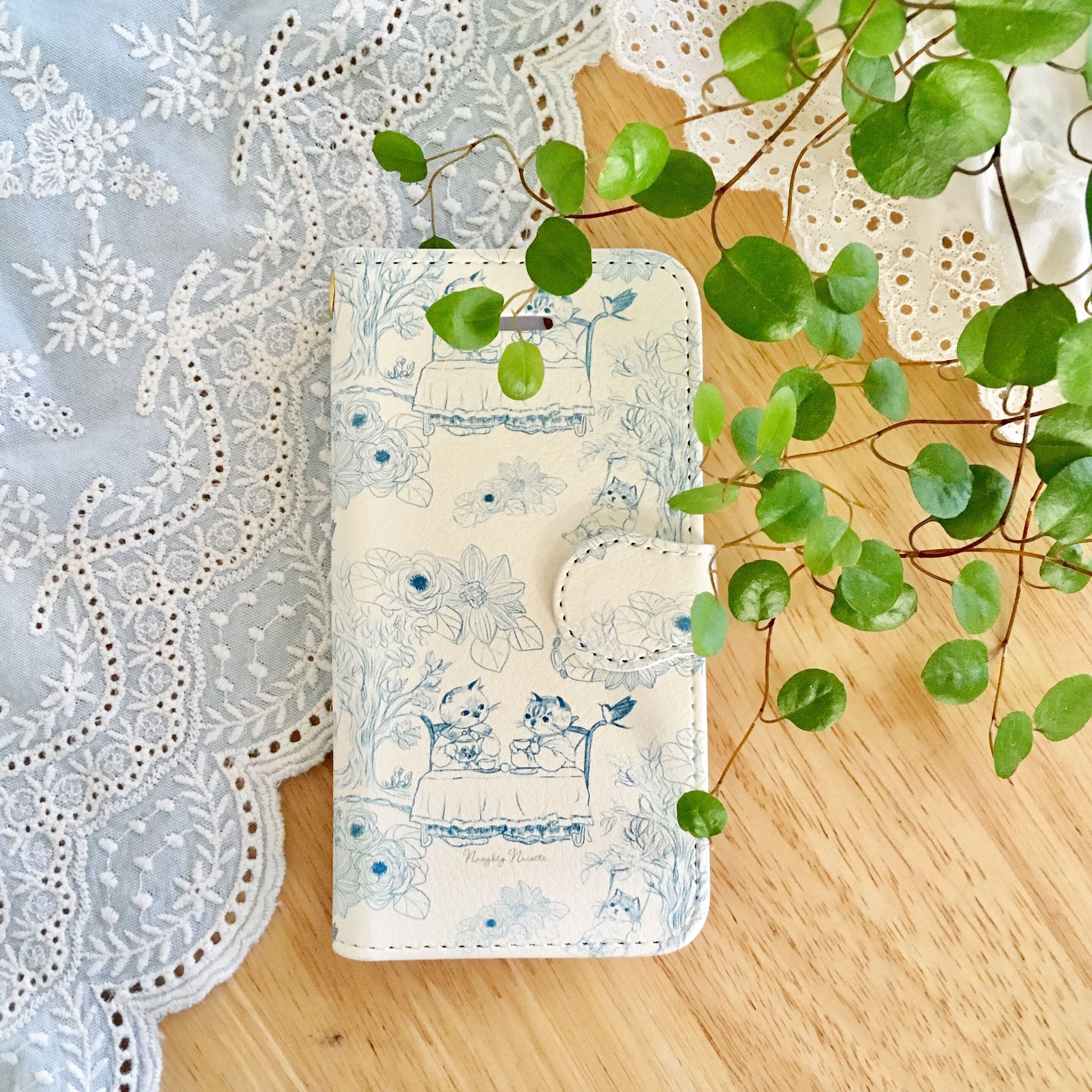 トワルドジュイの猫ーお茶会/ブルー 手帳型 iphoneスマホケース