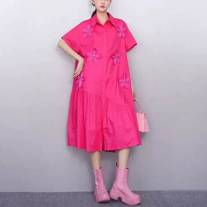 3D FLOWER CONTRAST HALF SLEEVES A-LINE MIDI SHIRT DRESS 2colors M-13918