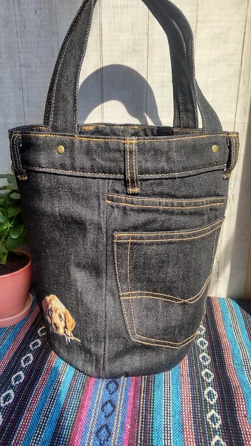 デニムリメイクトートバッグ（バケツトート）わんこプリント