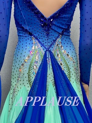【新着】社交ダンス ドレス　スタンダード　モダンドレス　ブルー×グリーン　M   ST-25-15  デモ・競技用ドレス　発表会衣装　パーティドレス　ワンピース　舞台衣装