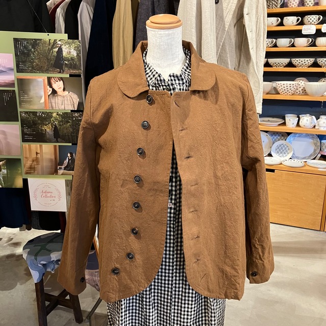 ラウンドカーディガンジャケット　柿渋コットンリネンブラウン　リラックス　　Sa-Rah