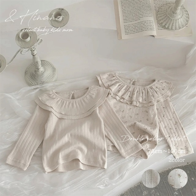 送料無料　ベビー　キッズ　女の子　ダブルカラー長袖Tシャツ　73cm～100cm　70　80　90　100　韓国子供服　ナチュラル　花柄　フローラル　フラワー　ビックカラー　ビッグカラー　トップス　襟付き　長袖　2重襟　　赤ちゃん　春　秋　冬