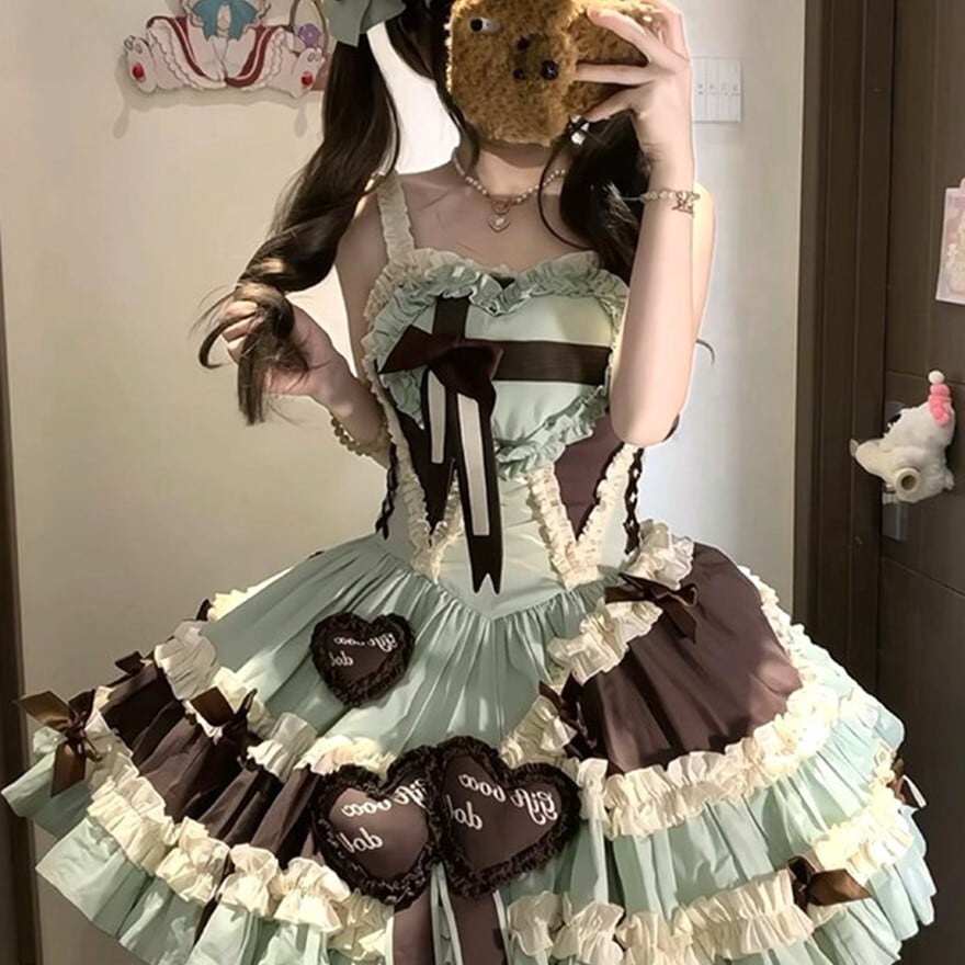ミントチョコレート セットアップ プリンセスドレス 姫袖 ヘッドドレス
