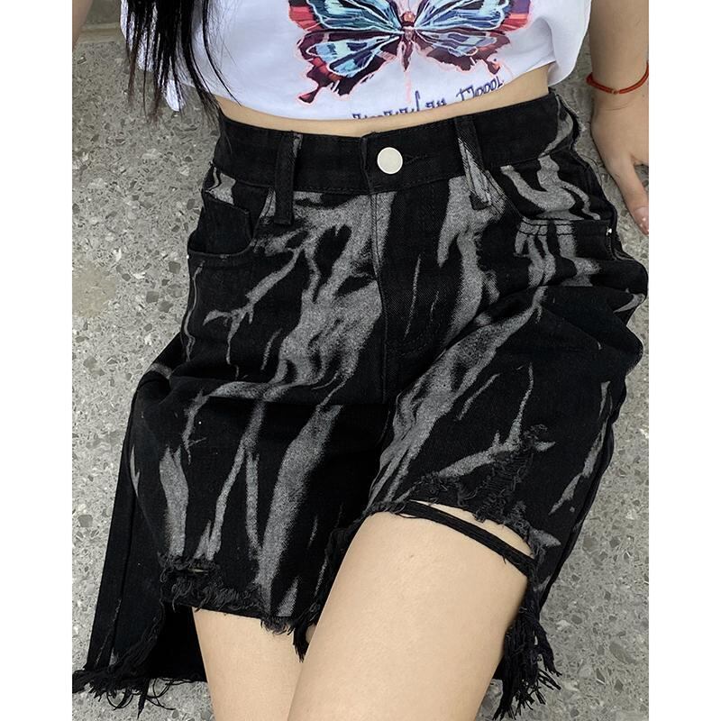【新作】【送料無料】 破れたデニムショートパンツの女性の夏薄いデザインパンツハイウエストルーズブラックミッドレングスパンツイントレンド 0397786167309