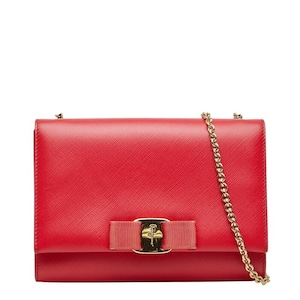 サルヴァトーレフェラガモ ヴァラリボン チェーンショルダーバッグ AU21/B558 レッド レザー レディース Salvatore Ferragamo 【中古】