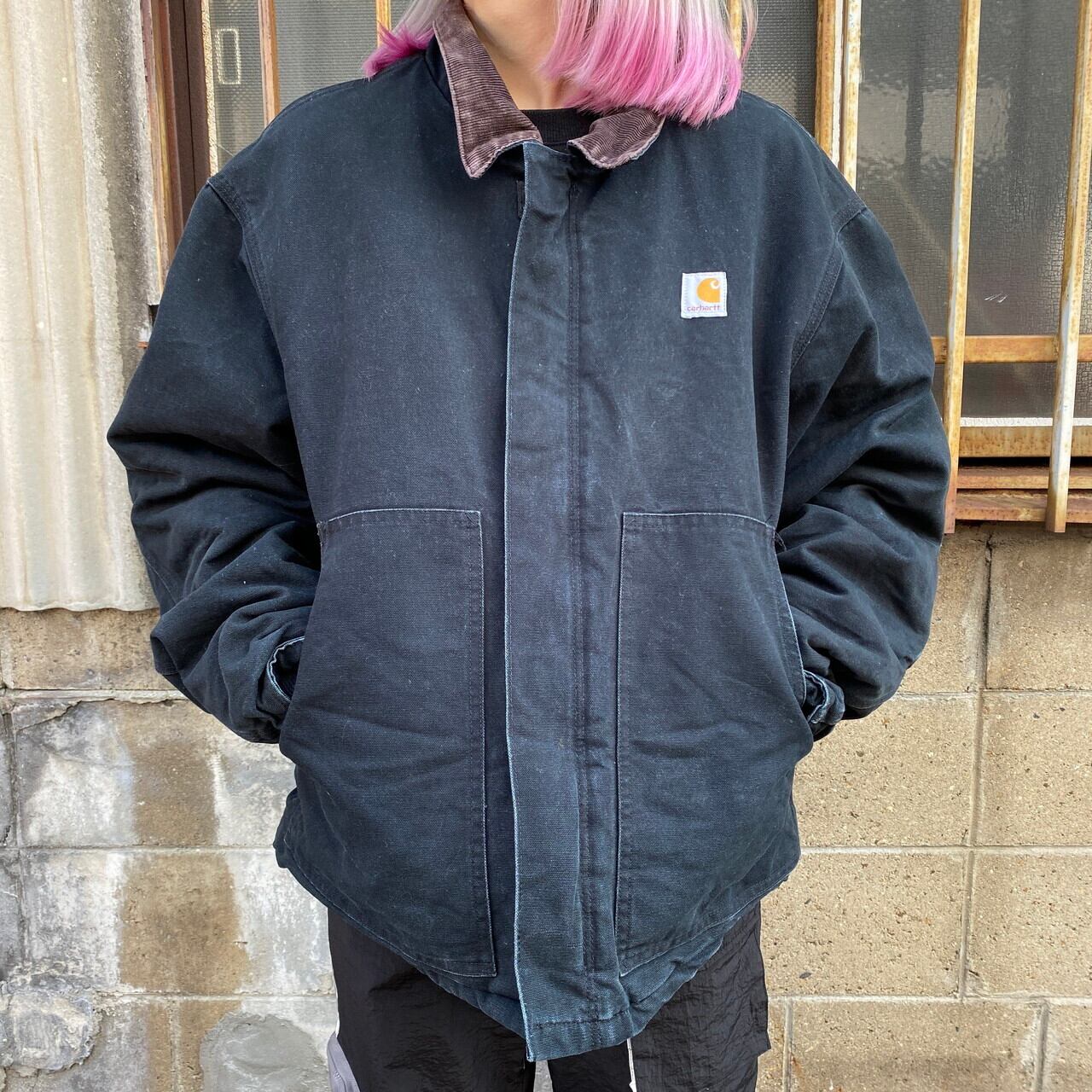 90年代 USA製 Carhartt カーハート ワンポイント トラディショナルジャケット メンズXL相当 古着 90S ビンテージ ヴィンテージ  ダック地 ワークジャケット カバーオール キルティングライナー ブラック 黒色 大きいサイズ コーデュロイ襟【ワークジャケット】 | cave ...