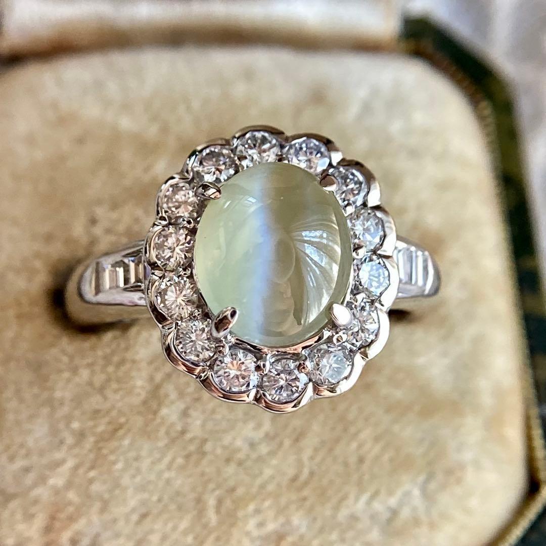 pt900 ミルク＆ハニー クリソベリルキャッツアイ3.27ct ダイヤ指輪