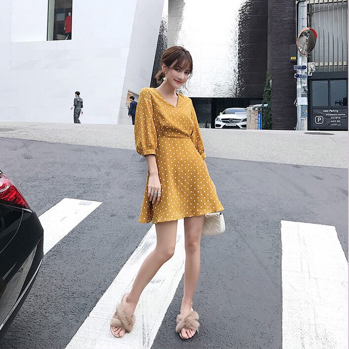 ショート丈ワンピース カジュアルワンピース レディースファション パーティー 普段着 デート プレゼント 通勤 S M L Ll 気質良い レトロ 清新 イエロー 黄色い Elegant