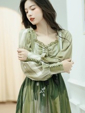 【0182】Waist Ribbon Green Long Sleeve Dress