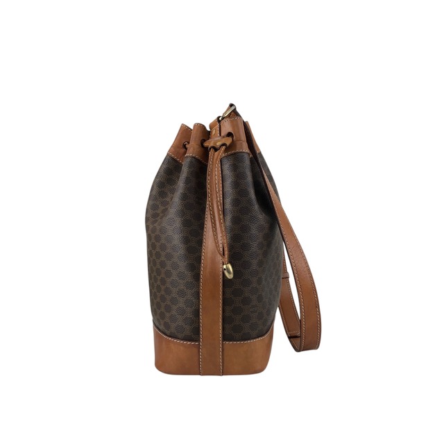 CELINE セリーヌ マカダム ショルダーバッグ ブラウン ブラゾン型押し フロントバックル PVC レザー 巾着 hrx52d