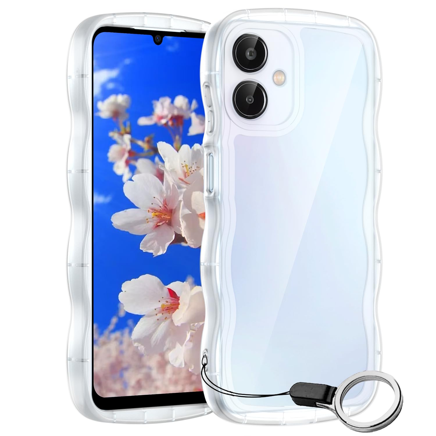 と互換性のある Galaxy A25 5G用ケースクリア リング付き ギャラクシーA25 5G SC-53F SCG33 ウェーブ 純透明 マグセフ 可愛い マツと感 TPU 耐衝撃 超軽量 極薄 透明 黄ばみなし 滑り止め かわいいうねうね 韓国 人気 ストラップホール付きなみなみ カバー・サムスンA25 5Gクリア