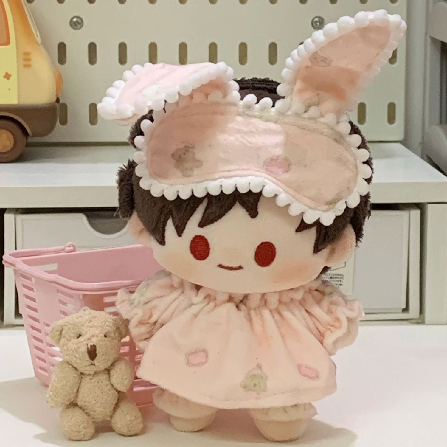 20cmぬいぐるみ用 パジャマ アニマル トップス+パンツ+うさ耳アイ