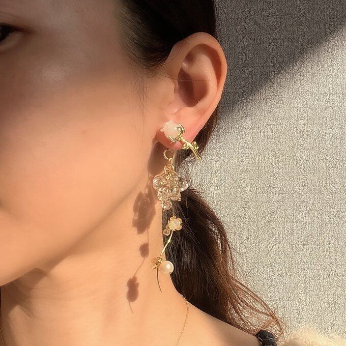 ピアス薔薇ピンク白マーブルパールハートプレゼント