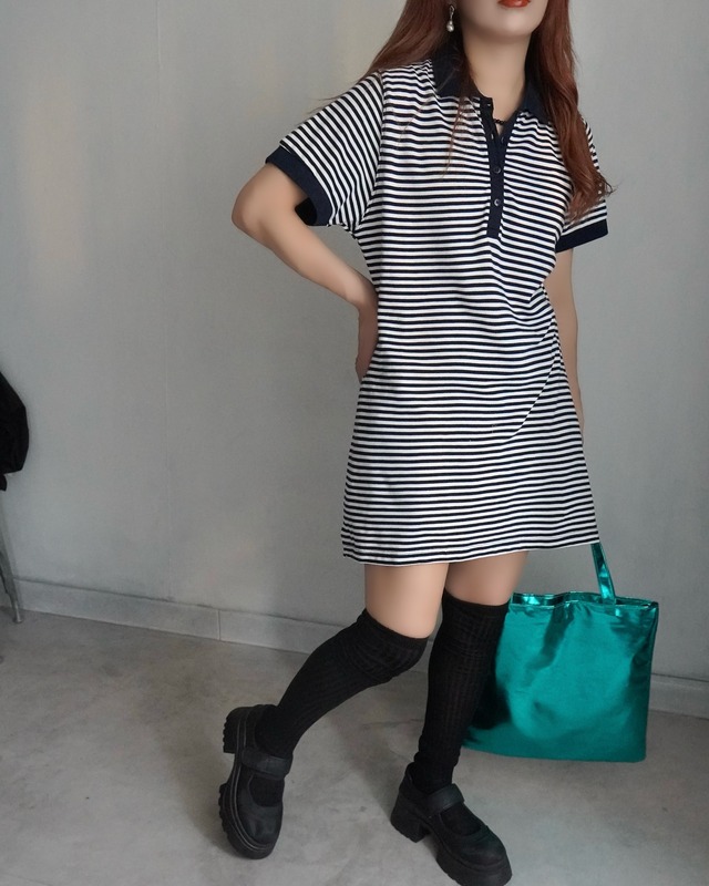 ヘンリーネックポロミディ丈OP/ネイビーボーダー