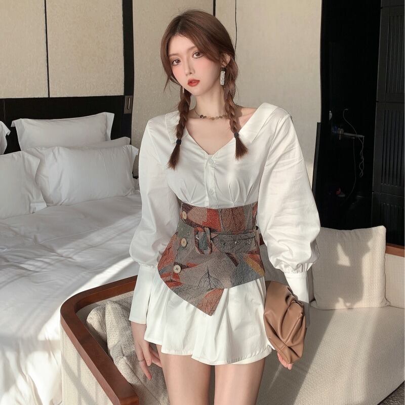 レトロ香港フレーバーホワイトシフォンシャツレディース秋ルーズ長袖ランタンスリーブシャツミドル丈気質トップ ブラックストロベリース37376960114