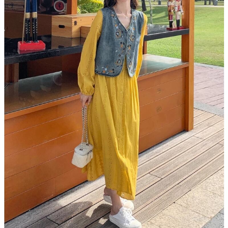 Yellow Eyelet-Lace Maxi Dress & Embroidered Denim Vest Set S0278