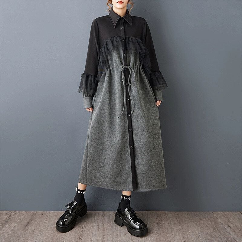 CONTRAST STITCH FRILL TRIMMED A-LINE LONG SHIRT DRESS 1color M-15479