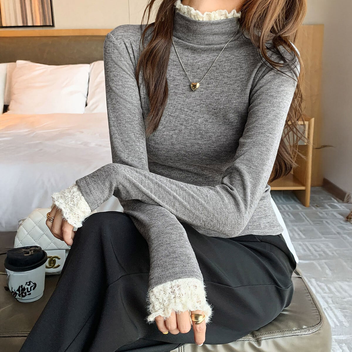 ハイネック リブニット 長袖 レースフリル レディース 春秋冬 韓国 きれいめ シンプル 大人 かわいい フェミニン おしゃれ 伸縮性 ニット トップス 大人可愛い 大人女子