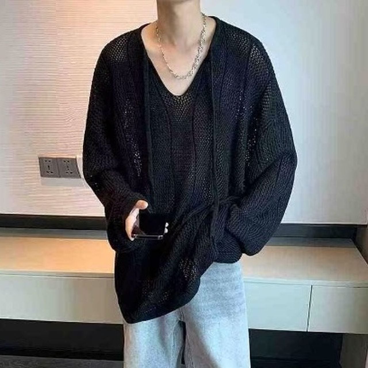 Open-knit long-sleeve T-shirt(MT1597)