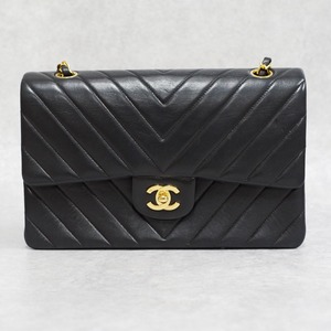 CHANEL シャネル Vステッチ ダブルフラップ チェーンショルダーバッグ ラム ブラック