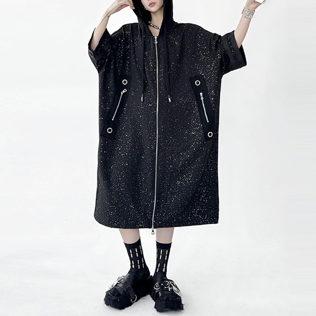 Hooded zipper long parker dress C1031