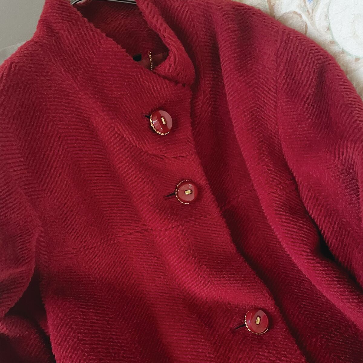 70-80s ウール シルク 上質厚手コート 赤 昭和レトロ ヴィンテージ古着