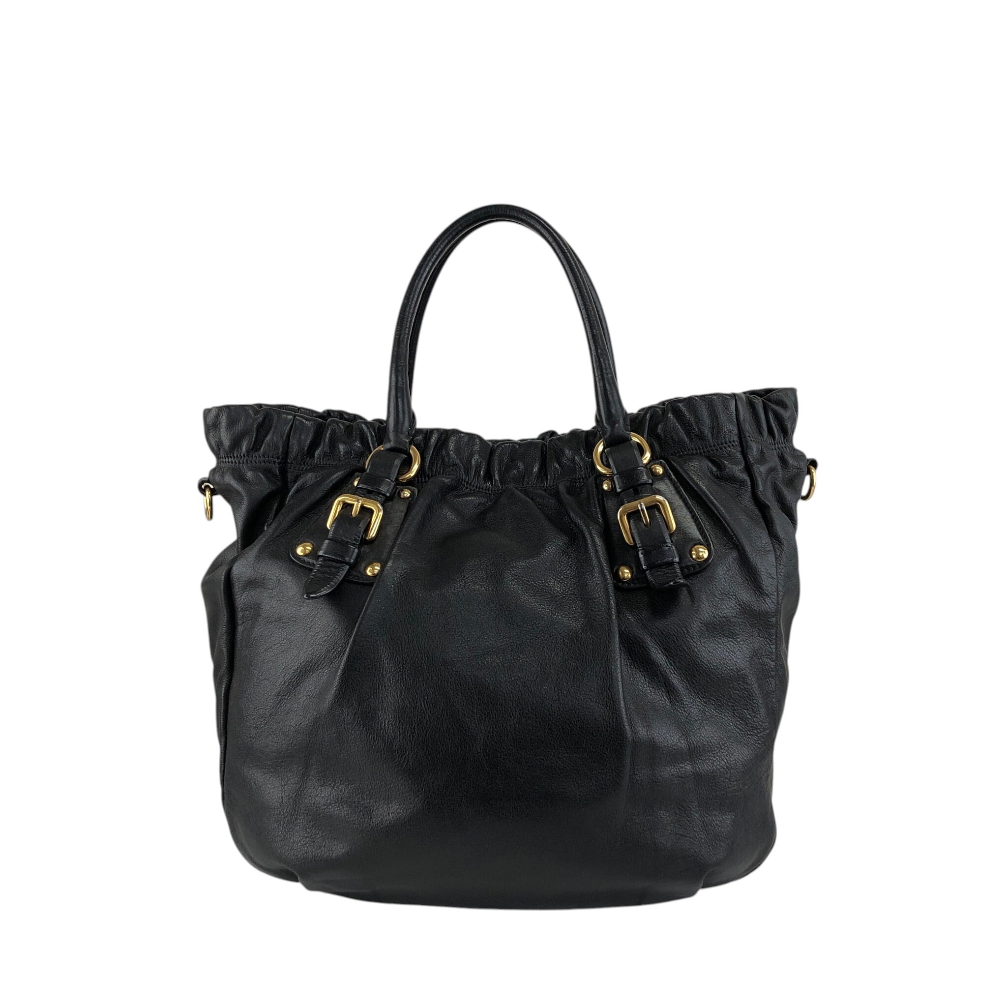 PRADA プラダ ハンドバッグ ブラック ロゴ レザー ギャザー 2way