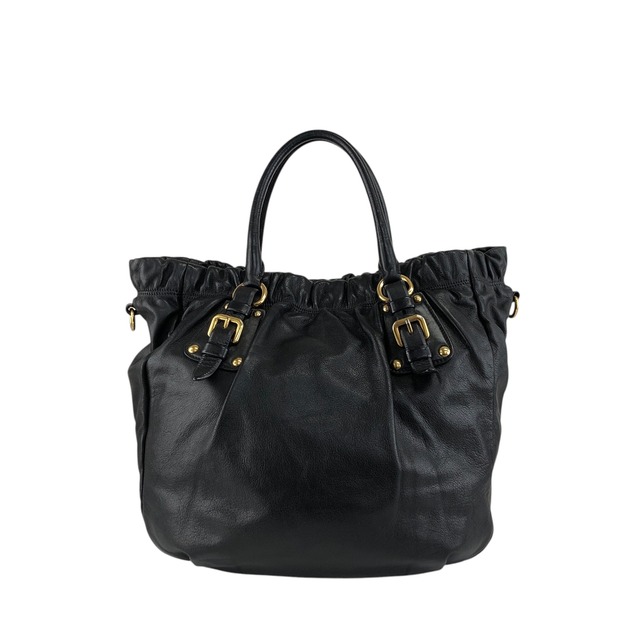 PRADA プラダ ハンドバッグ ブラック ロゴ レザー ギャザー 2way vintage ヴィンテージ オールド t5sy7s
