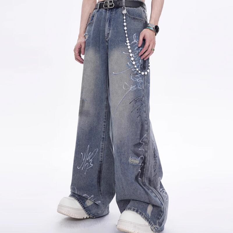 STARTEXCEEDEND ダブルウエストジーンズ ペイント ストレート STARTEXCEEDEND落書き風デニムストレートパンツ | mblueshop