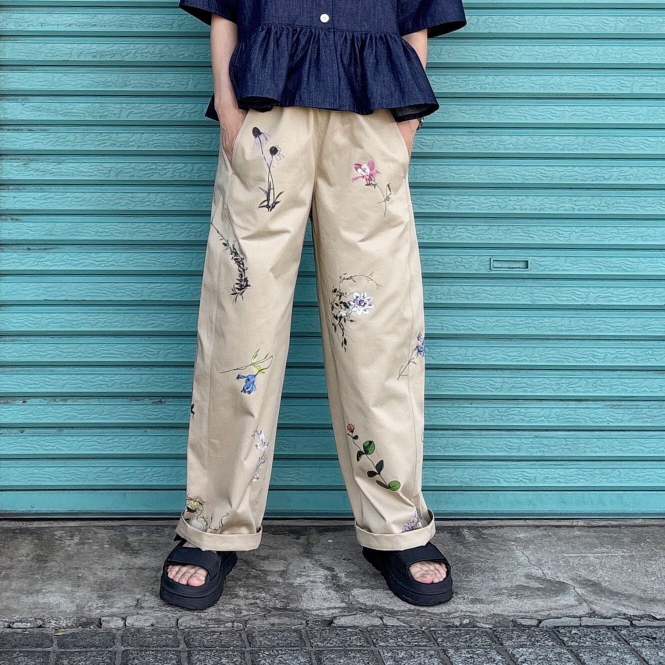 【Curved Chino Pants / Botanical Garden】Beige,Green