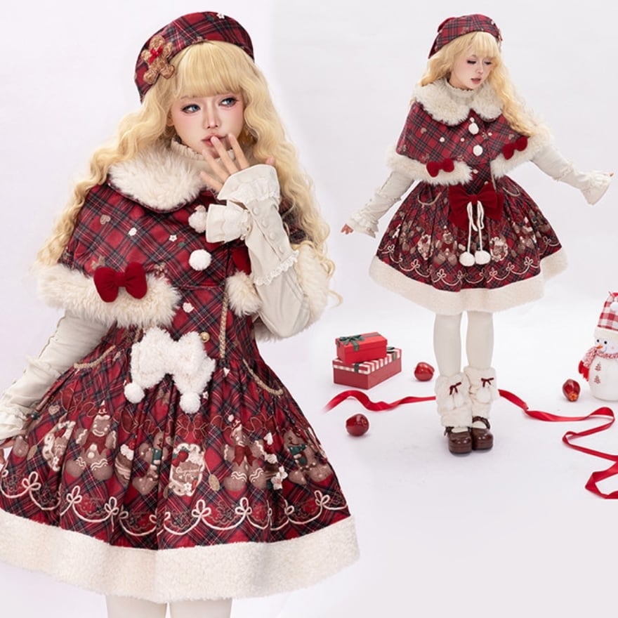 クリスマス柄 ノースリーブワンピース ロリィタ チェック柄 ノースリーブワンピース 豪華 5点セット イベント