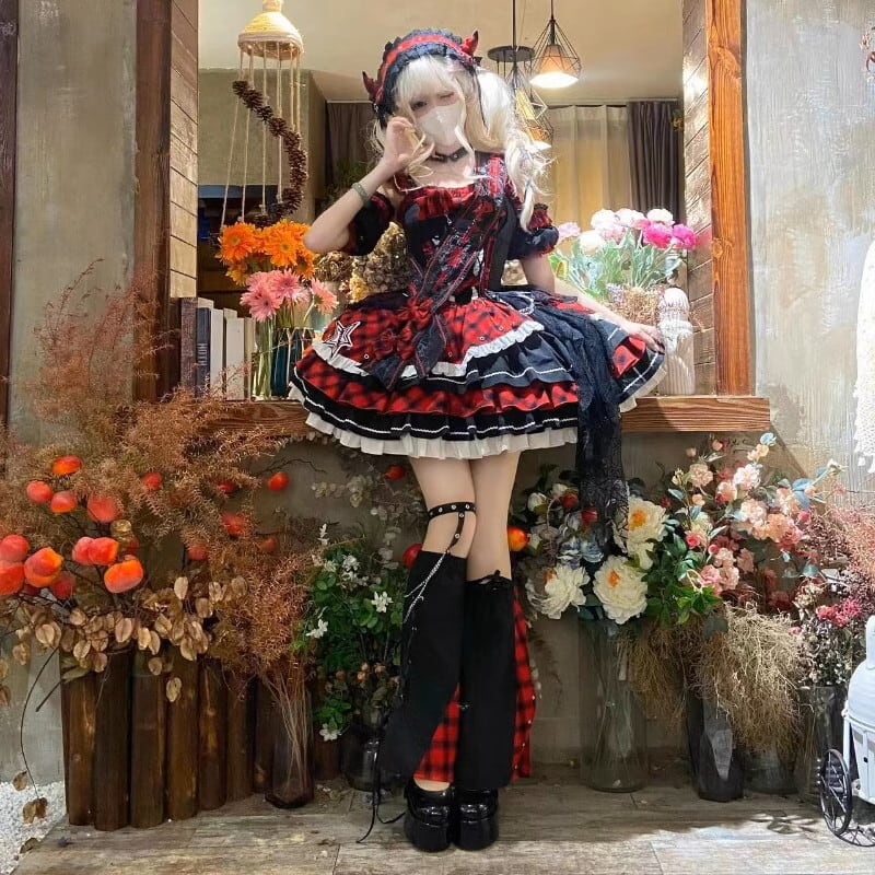 地雷系 アイドルセットアップ チェック柄×レッド コンカフェ向け