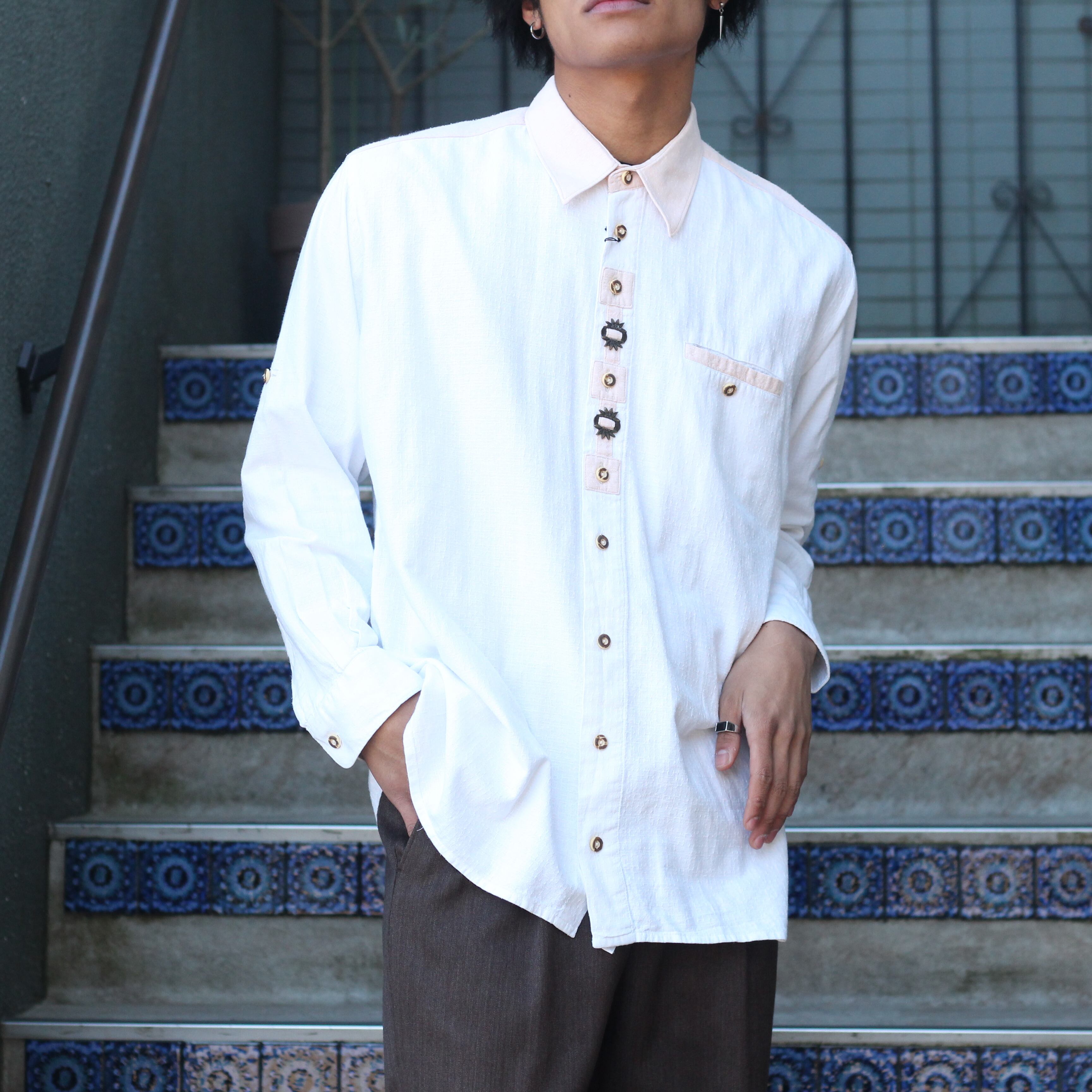 EU VINTAGE Alphorn METAL GIMMICK DESIGN TYROLEAN SHIRT/ヨーロッパ