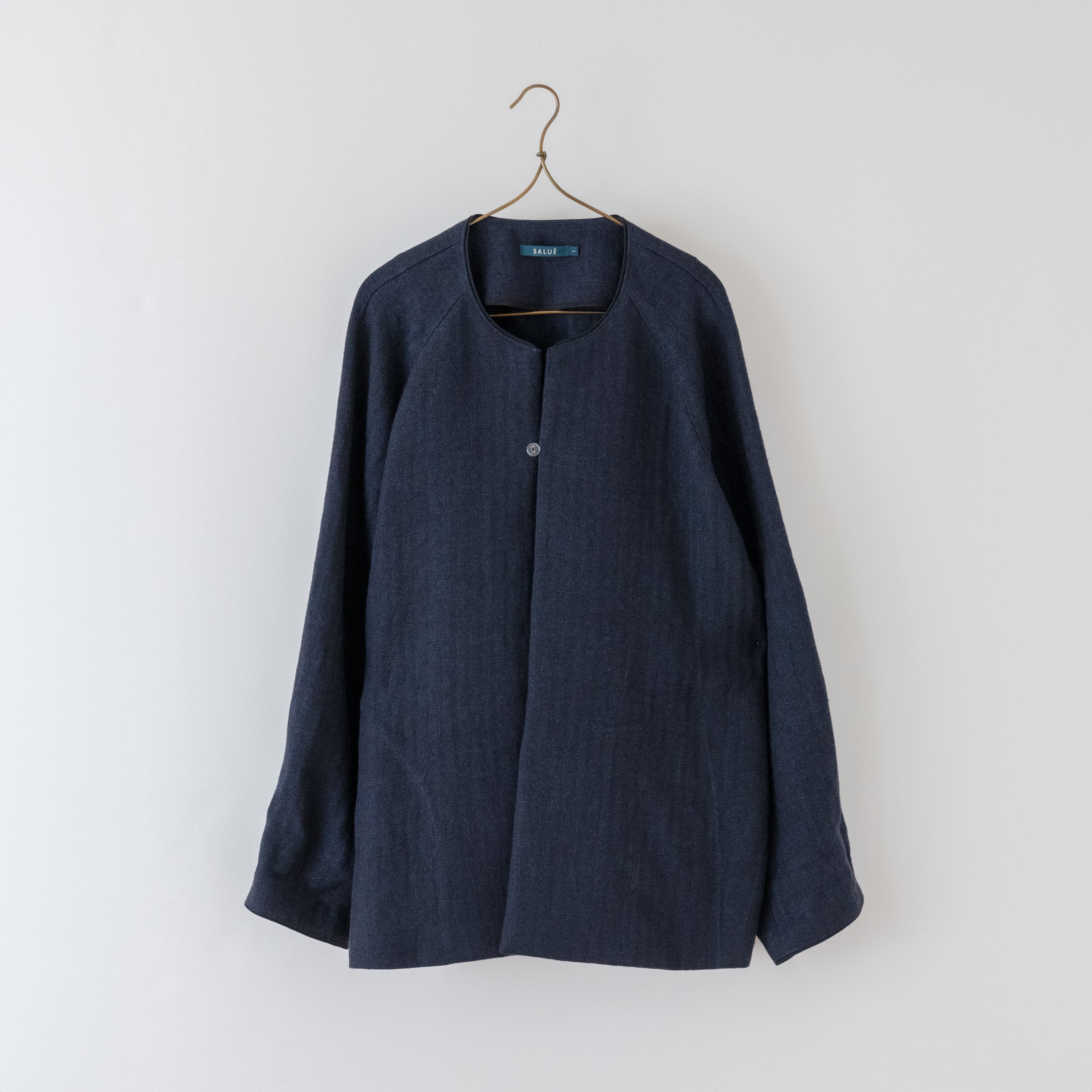 unisex no collar jacket/herringbone linen〈dark navy〉size 1