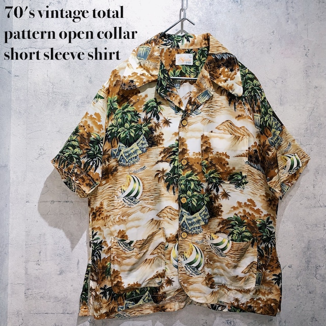 70's vintage total pattern open collar short sleeve shirt