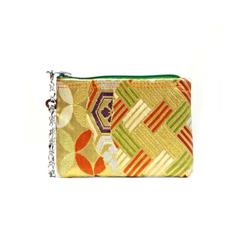 帯リメイク フラットミニポーチ【金糸幾何 H11×W16】男女兼用 パス