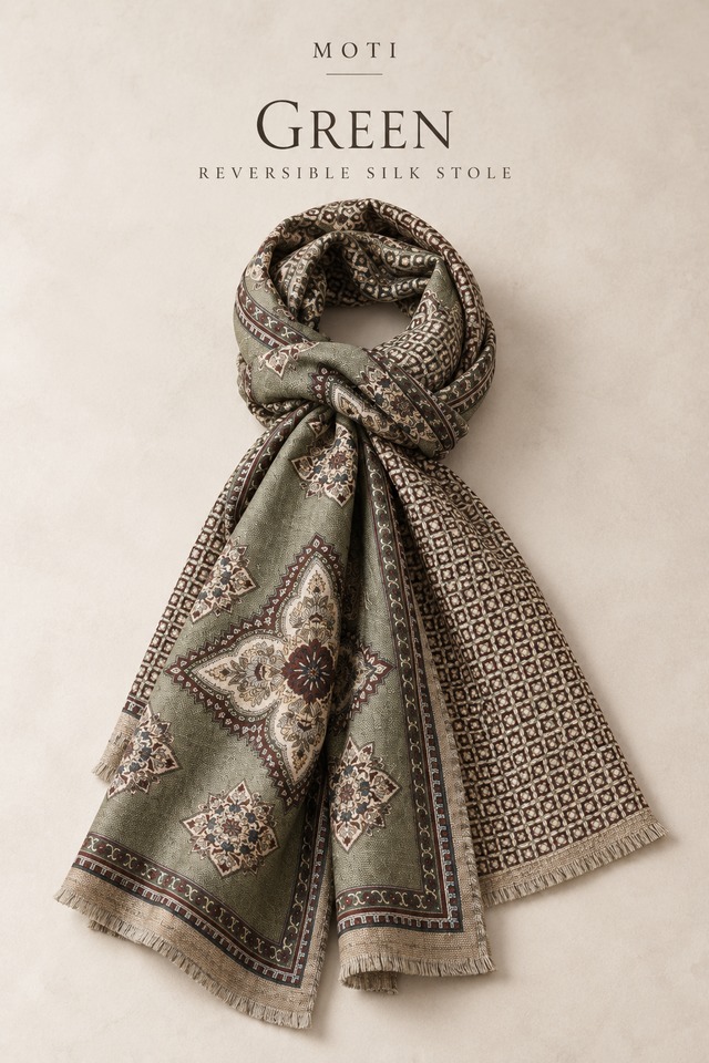 MOTI｜グリーン リバーシブル シルクストール 32×185cm｜Made in Italy