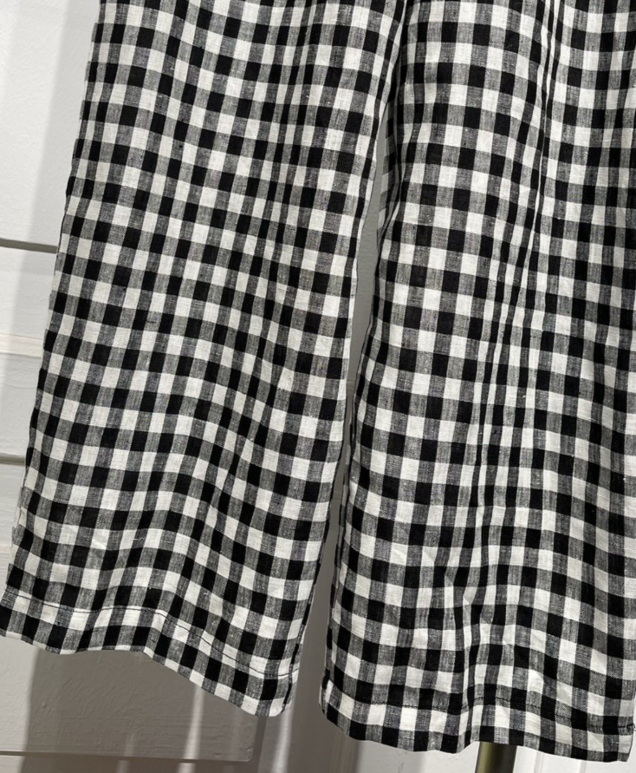 黒白チェック柄リネンロングワイドパンツ