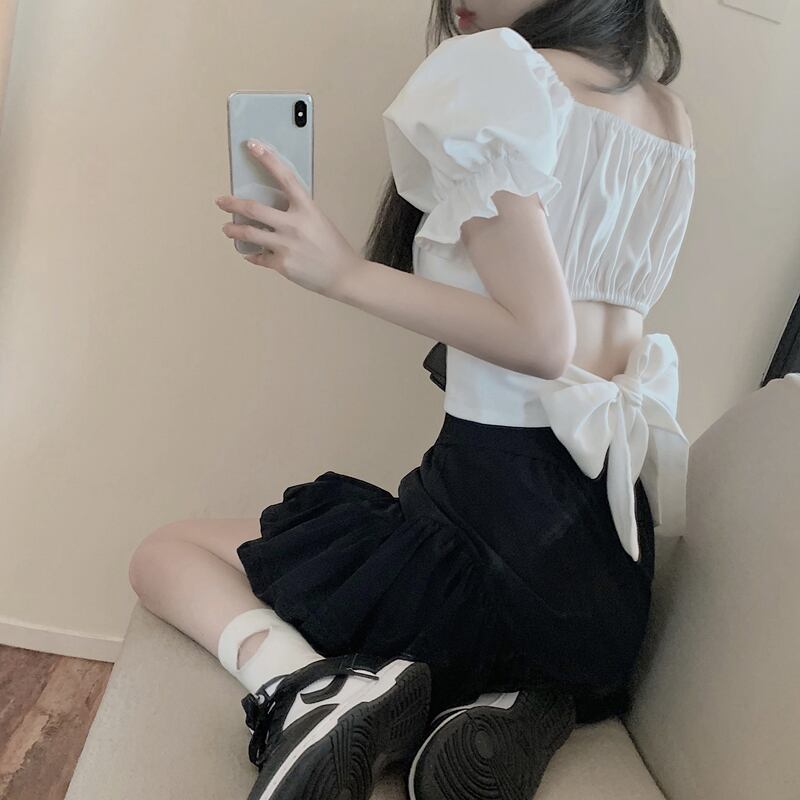 シャツ ショートホルターリボンサマーホワイトトップス 夏物 ブラックストロベリース23841904697