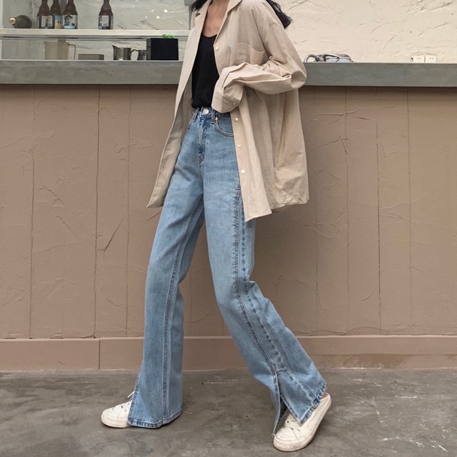 大きいサイズ レディース パンツ ボトムス 春秋 デニム ロング丈 ストレート ハイウエスト パンツ ｇパン シンプル カジュアル おしゃれ メンズライク お出かけ デート 通勤 通学 学生 キャンパス 旅行 普段着 ライトブルー Hf099 Haru Meets Foo