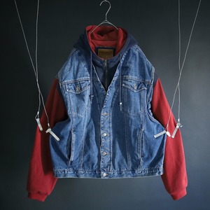 over silhouette sweat × blue denim vest docking design zip-up jacket