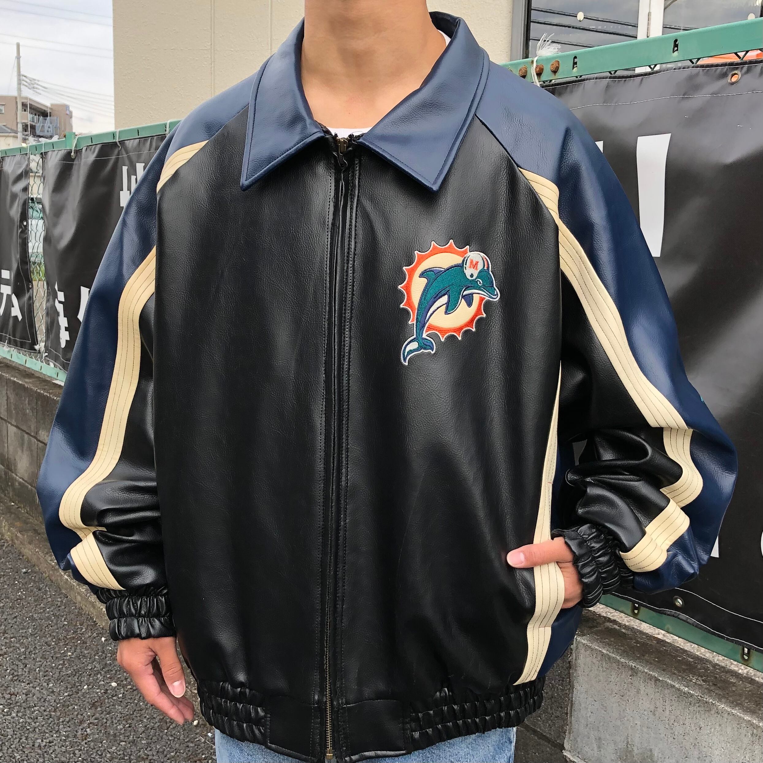 希少☆EURO輸入90s】NFLジェッツ両面刺繍レザースタジャン メンズ2XL